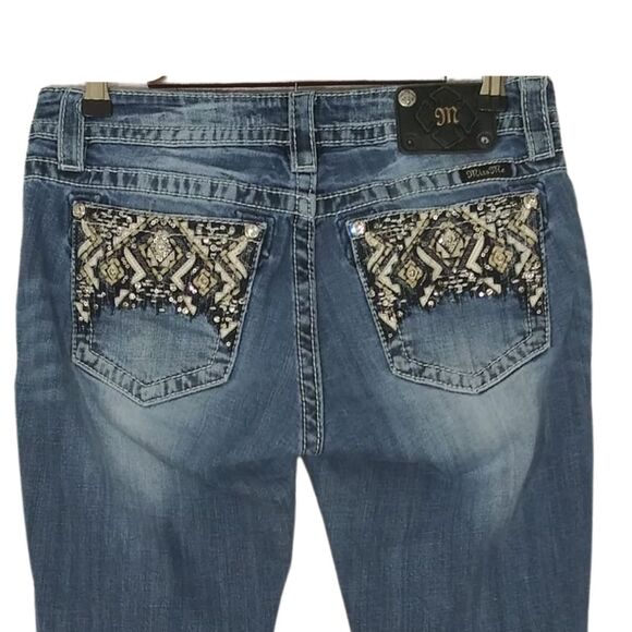 Miss Me Bejeweled Pocket Thick Stitching Signature Bootcut Jeans Sz 29 Y2K - Picture 1 of 11